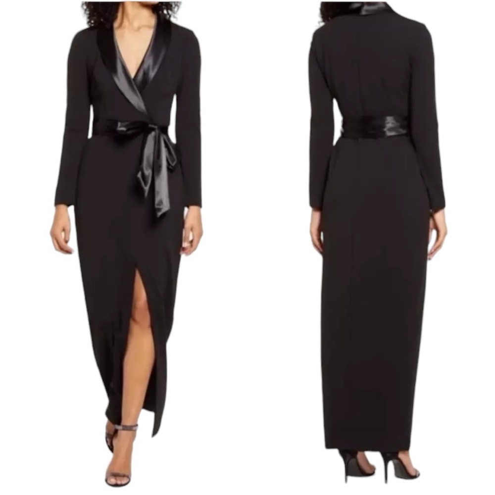New Eliza J Tuxedo Wrap Maxi Gown Satin Collar Black